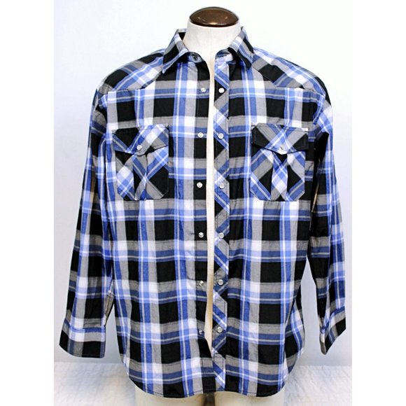 Coevals Club Men Sz L Plaid Western Shirt Pearl Snap Button Blue Black White - Picture 2 of 11